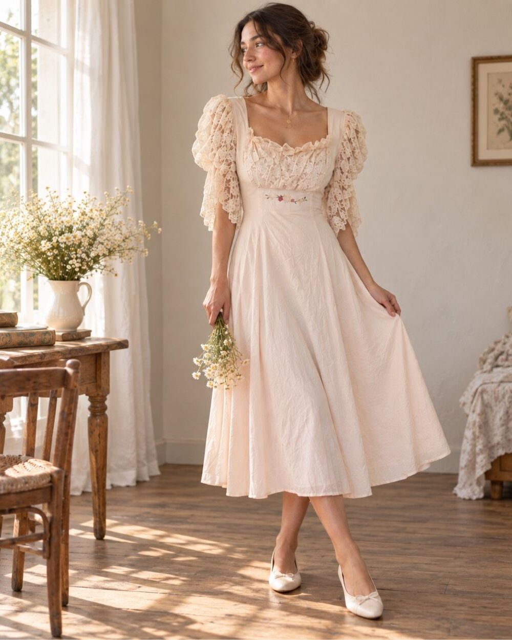 Vintage Ben Ma Shien Pink Lace Puff Sleeve Midi Dress Corset Back Cottagecore S